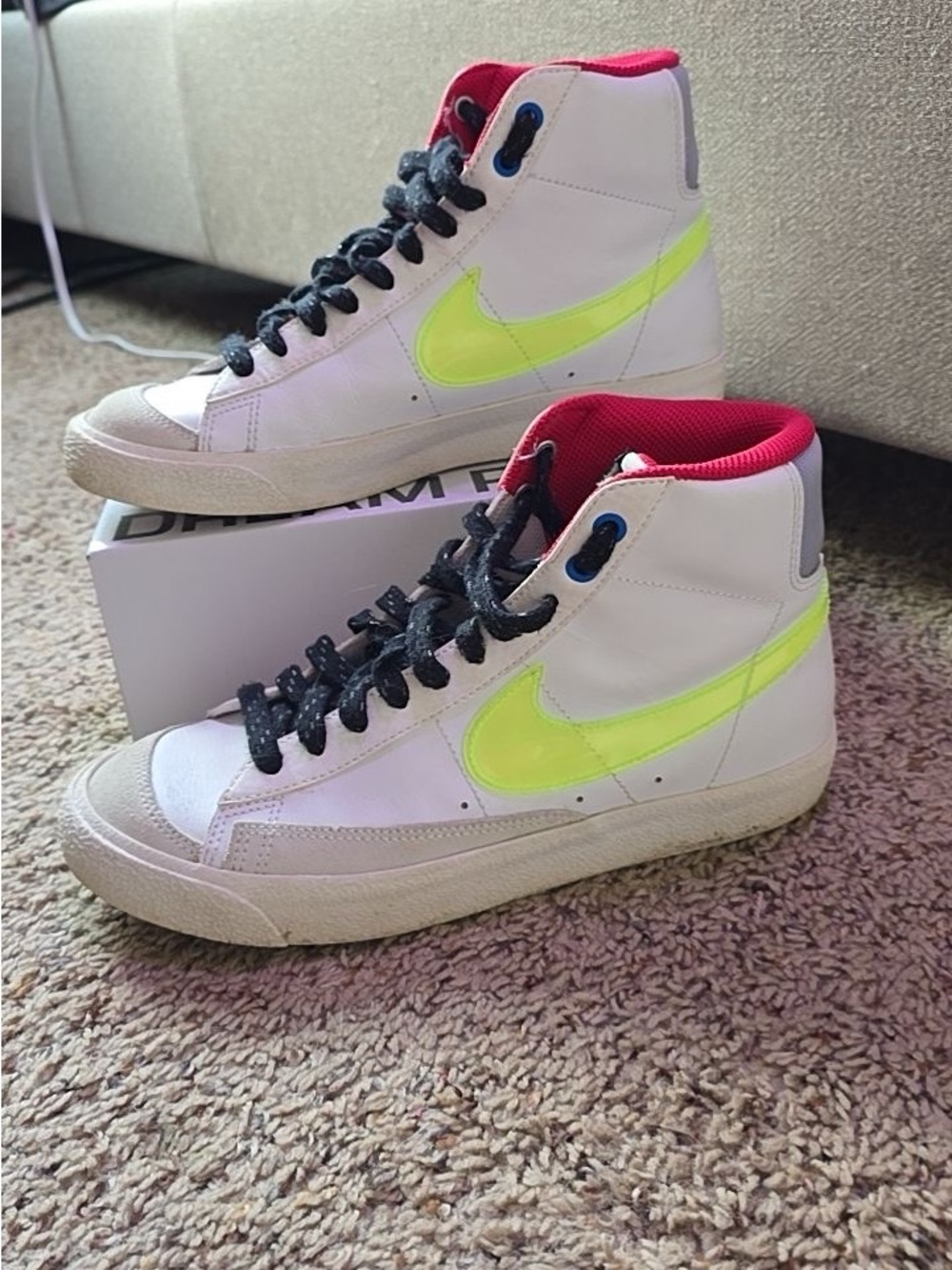 Nike White High-Top Sneakers with Neon Yellow Swoosh and Pink Collar